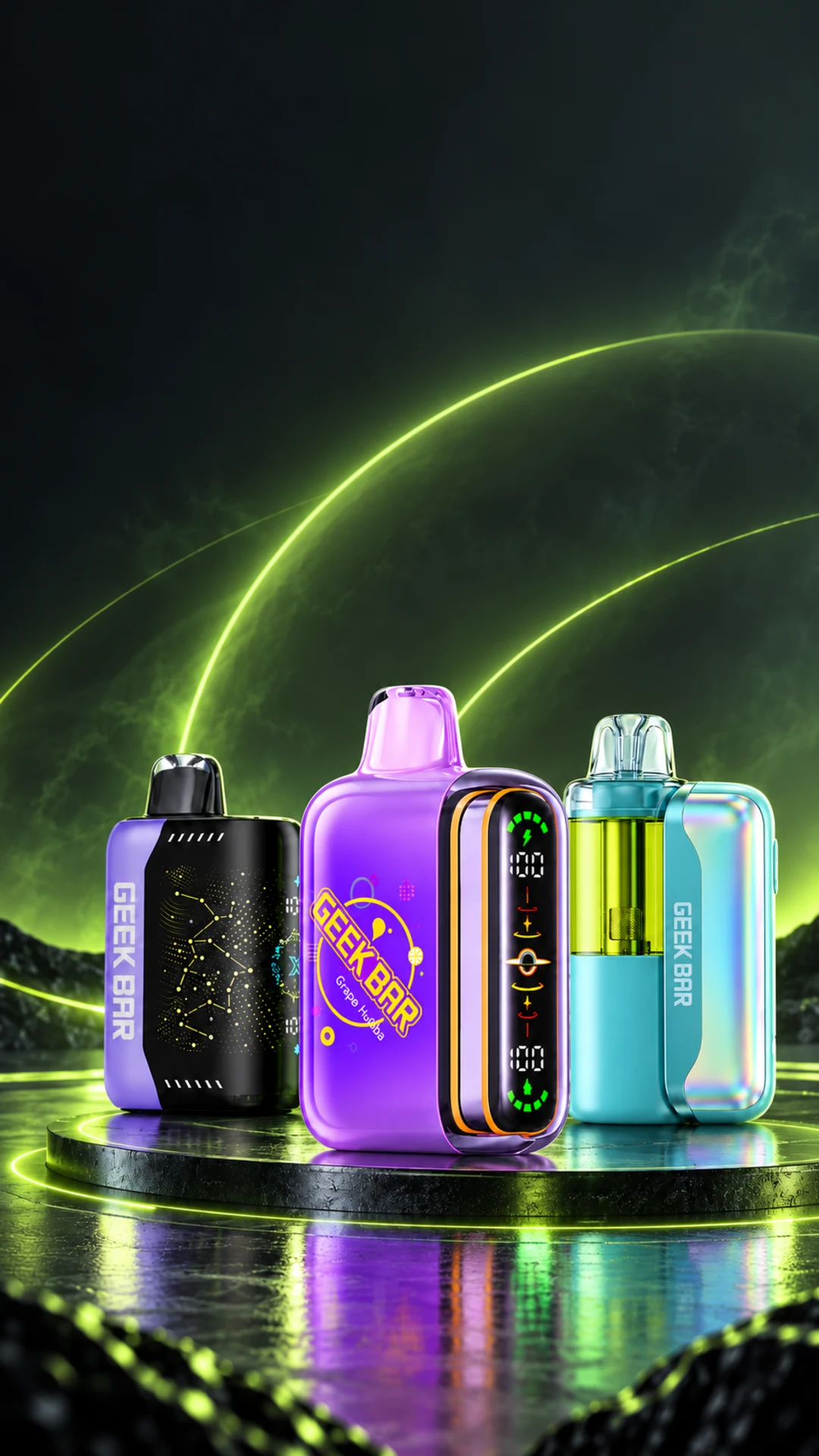 Three Geek Bar device designs in purple, black and aqua